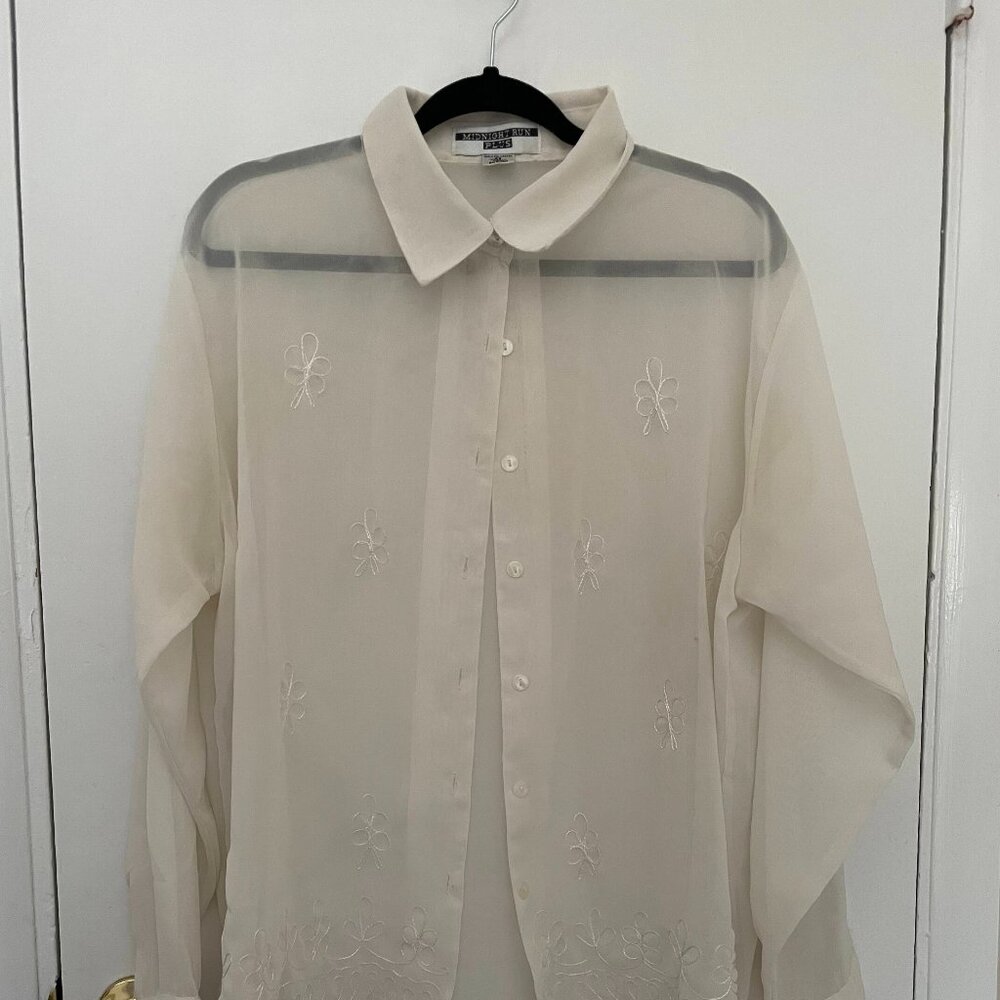 Embroidered sheer button down shirt